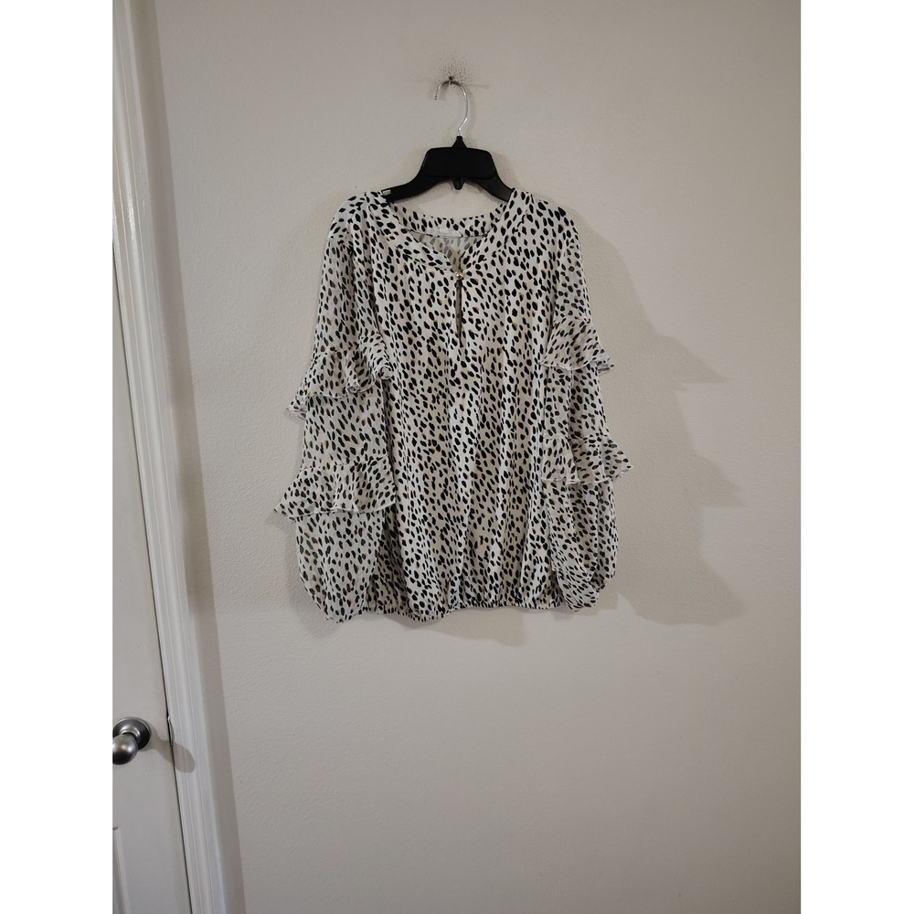 Perception Concept Animal Print Ruffle Tiered Sleeve Blouse XL Black Tan White